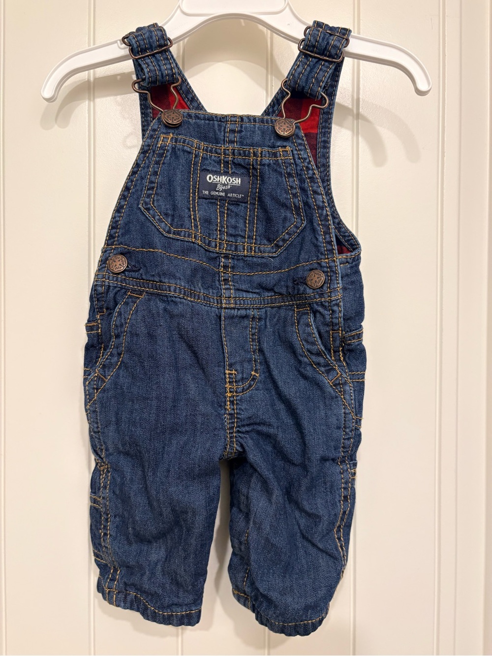OshKosh B'gosh Dark Blue Denim Baby Overalls with Red Lining Size 3 Month